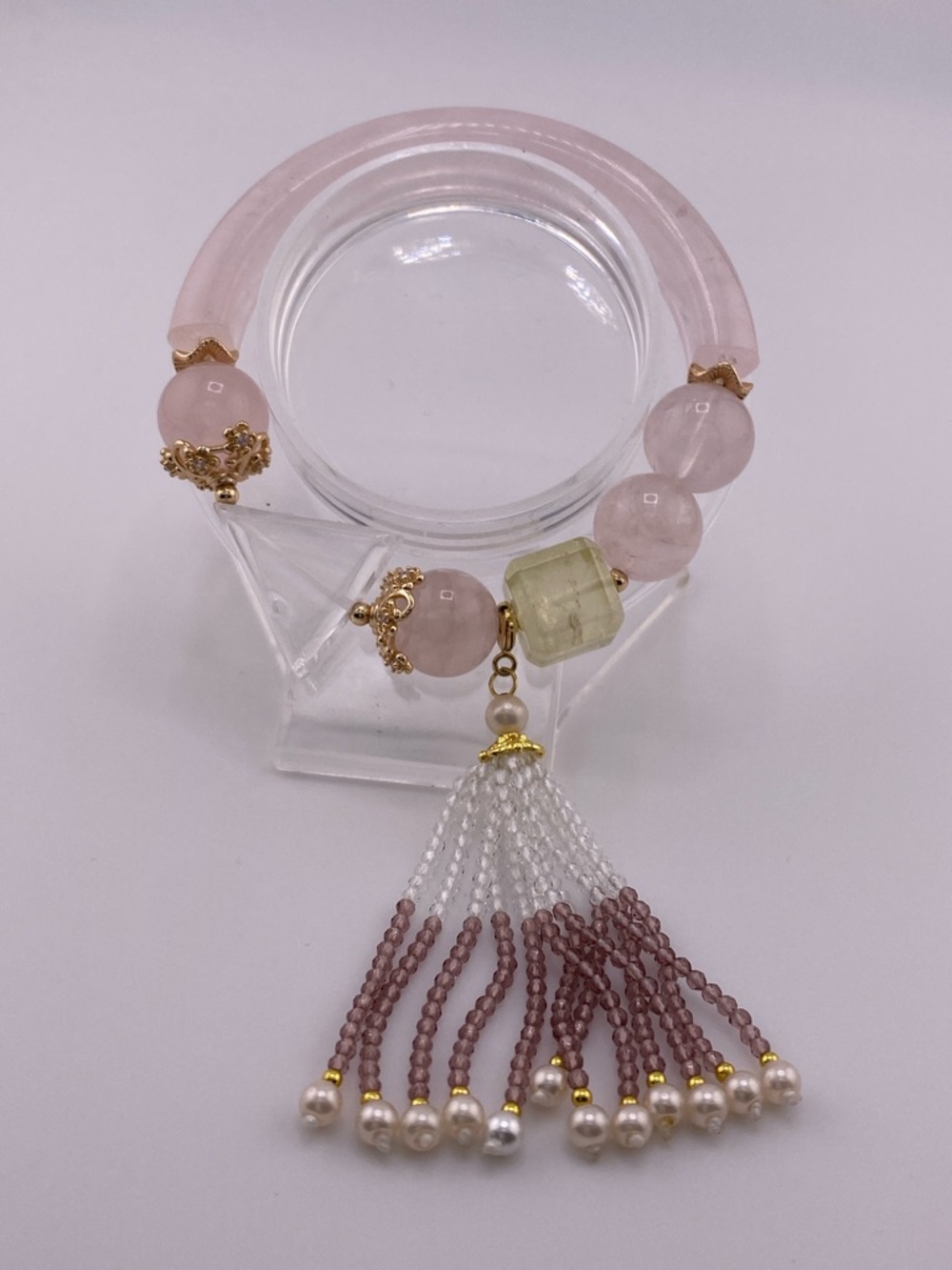 Rose Quartz Half Bangle with Rose Quartz Beads, Citrine Cube & Beaded Tassel